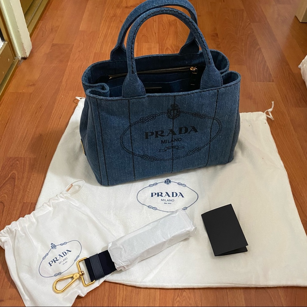 Prada canapa canvas tote denim small